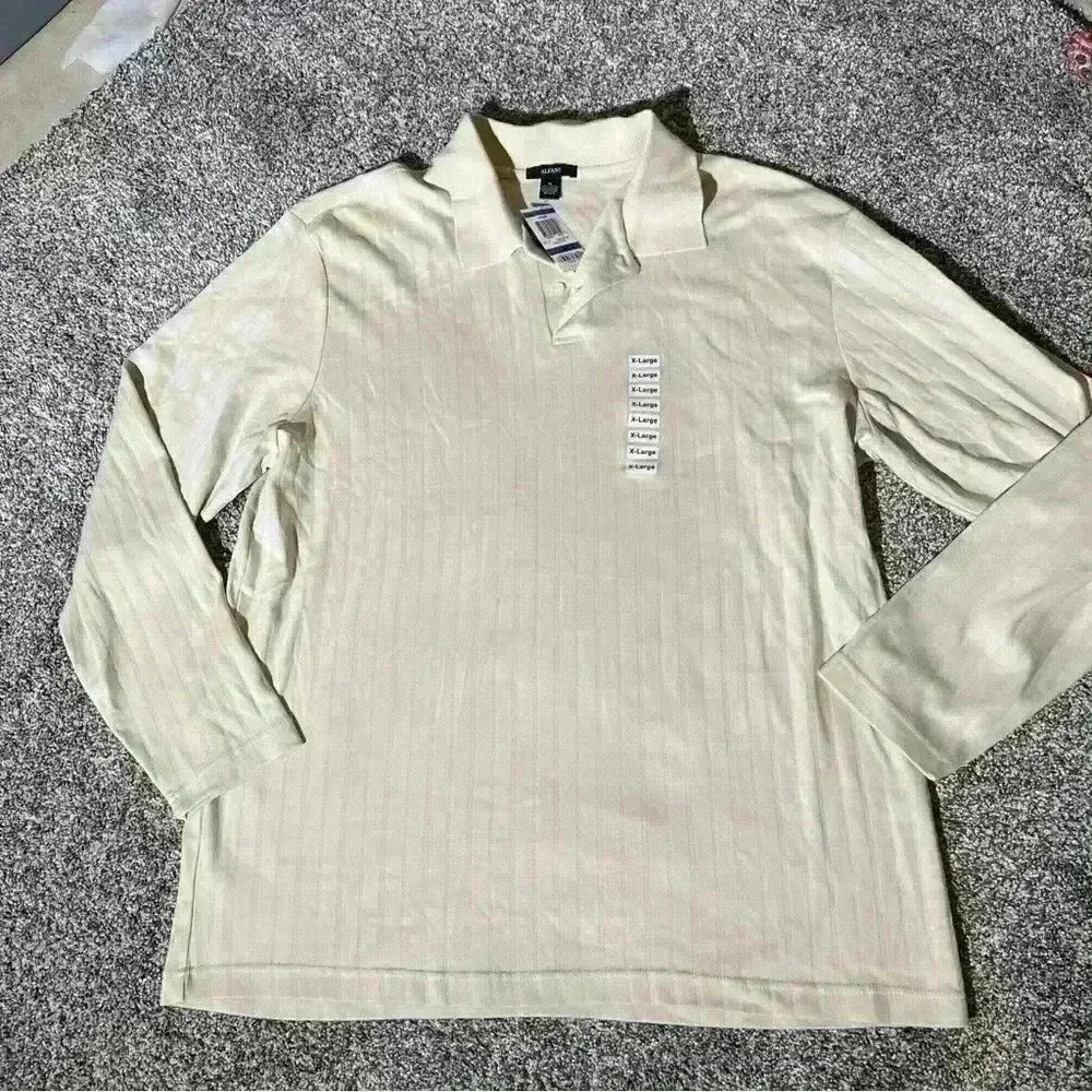 Alfani Mens Striped/  Solid Sandstone Long-Sleeve Polo Shirt, Size XL